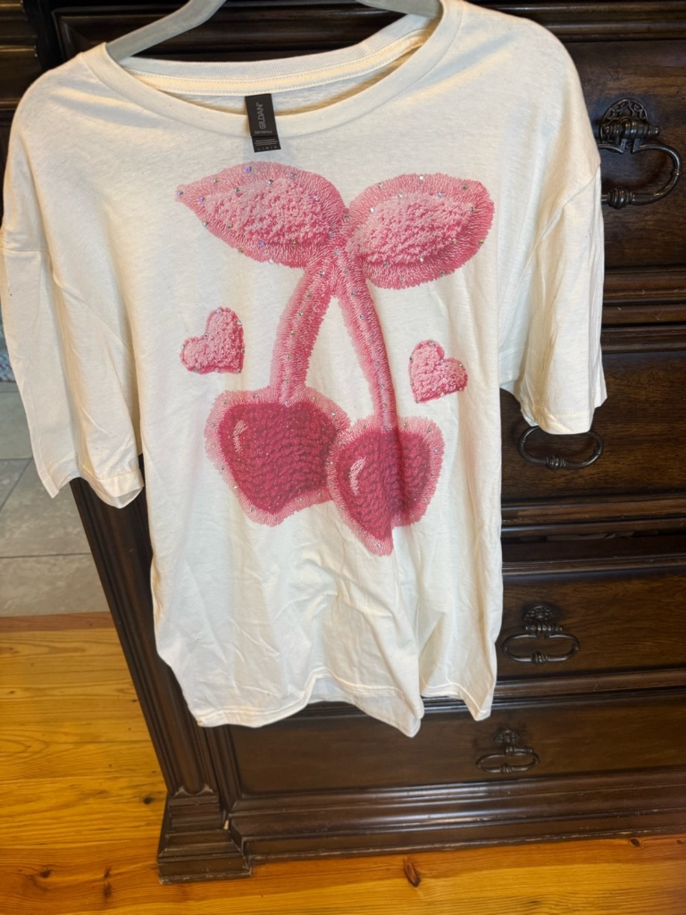 Women’s White Graphic Tee with Pink Sequin Cherry Design with bling. - Picture 4 of 4